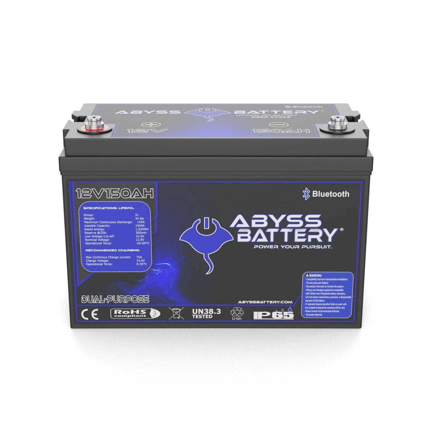 Abyss® | Dual Purpose Lithium Marine Battery | Model AB-12V150-BT | Group 31 | Voltage 12V 150Ah | 150A BMS | Bluetooth | Built-In Heating | IP65 Waterproof