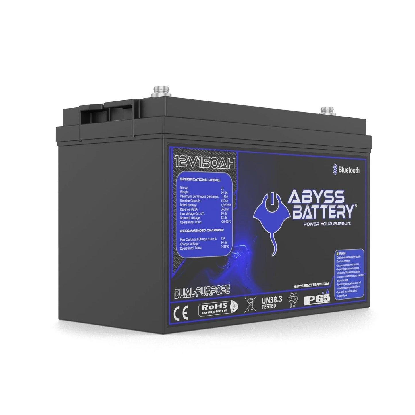 Abyss® | Dual Purpose Lithium Marine Battery | Model AB-12V150-BT | Group 31 | Voltage 12V 150Ah | 150A BMS | Bluetooth | Built-In Heating | IP65 Waterproof