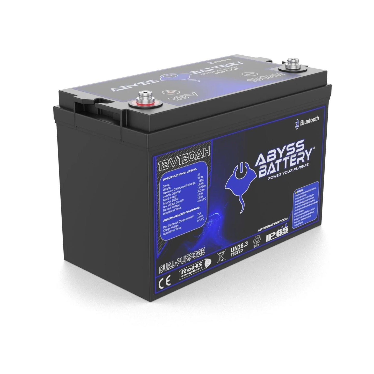 Abyss® | Dual Purpose Lithium Marine Battery | Model AB-12V150-BT | Group 31 | Voltage 12V 150Ah | 150A BMS | Bluetooth | Built-In Heating | IP65 Waterproof