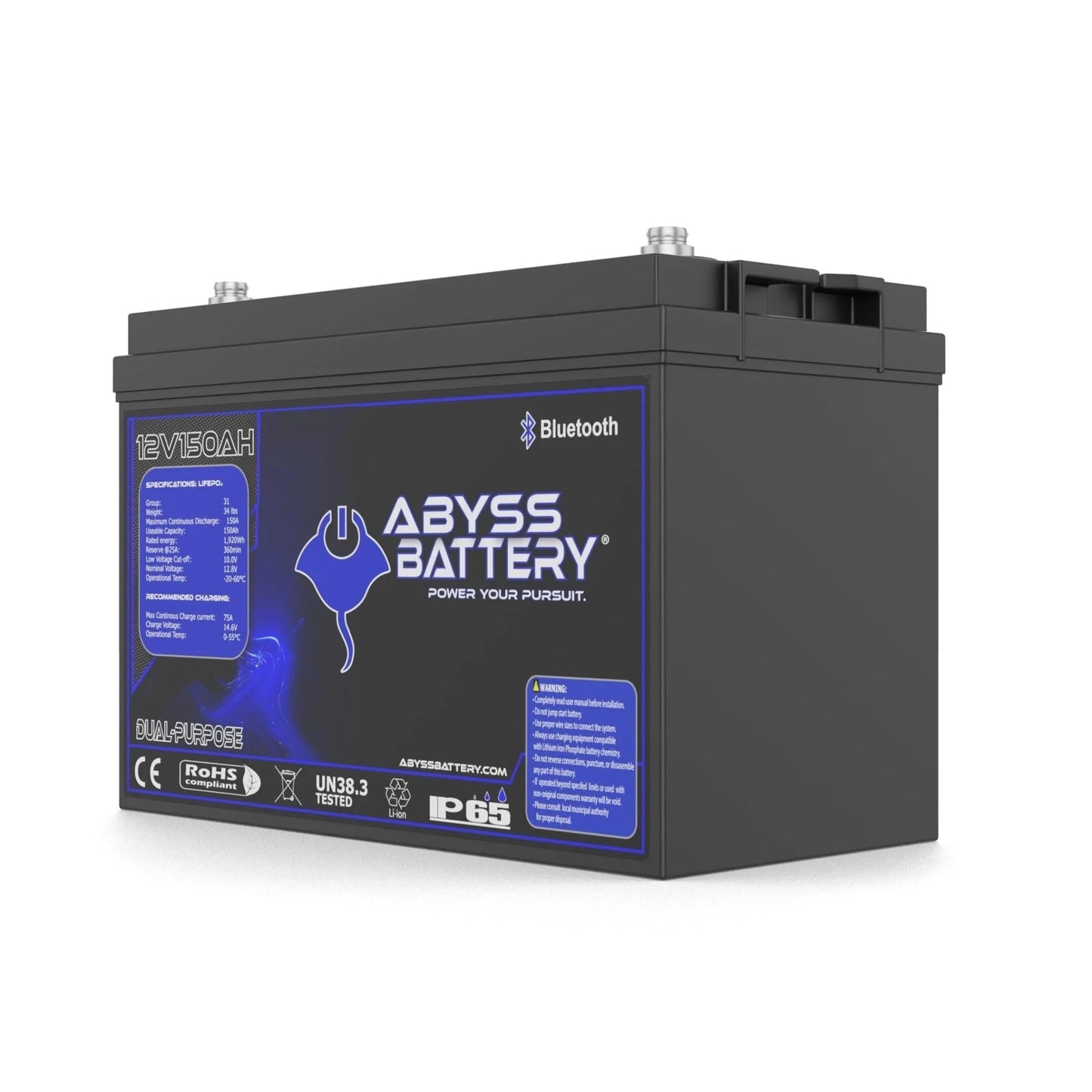 Abyss® | Dual Purpose Lithium Marine Battery | Model AB-12V150-BT | Group 31 | Voltage 12V 150Ah | 150A BMS | Bluetooth | Built-In Heating | IP65 Waterproof