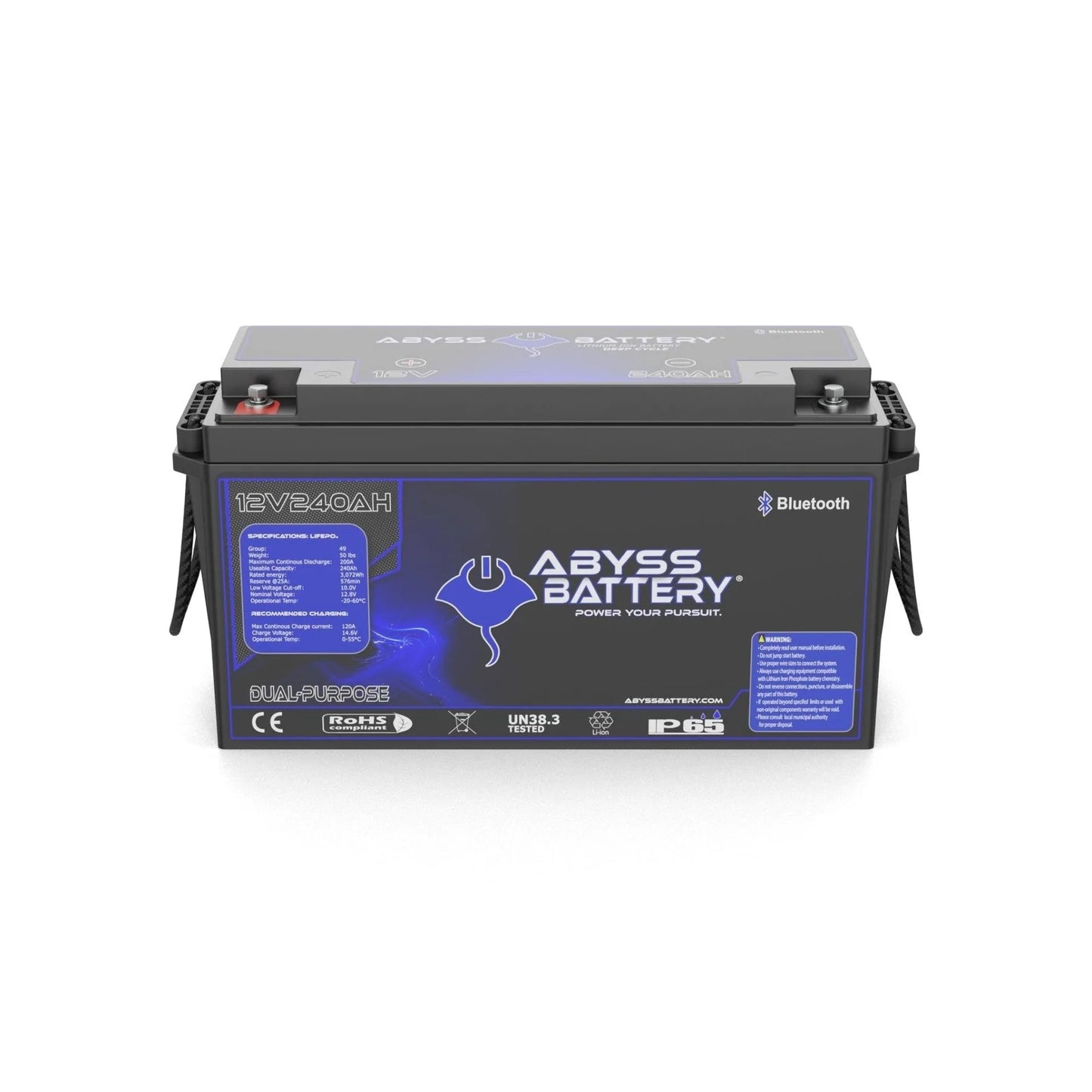 Abyss® | Dual Purpose Lithium Marine Battery | Model AB-12V240-BT | Group 49 | 12V 240Ah | 200A BMS | Bluetooth | Built-In Heating | IP65 Waterproof