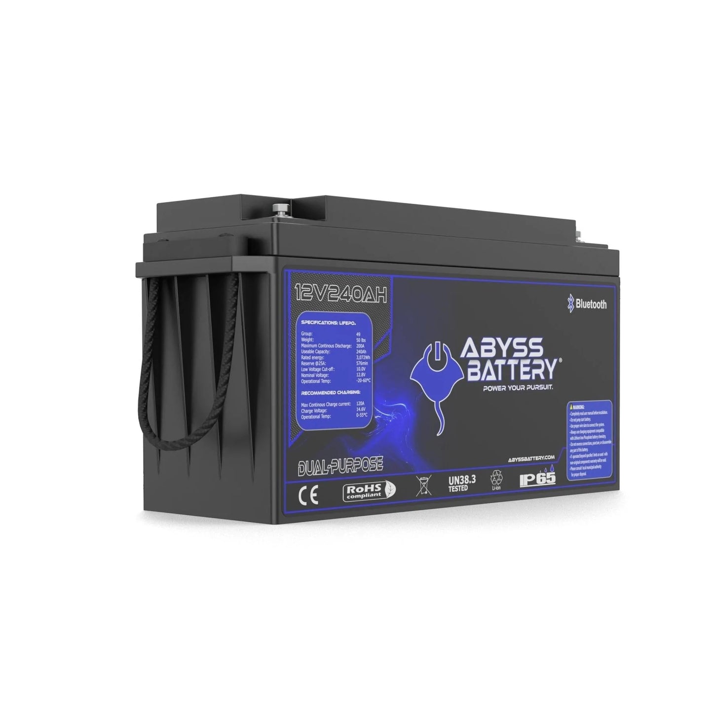 Abyss® | Dual Purpose Lithium Marine Battery | Model AB-12V240-BT | Group 49 | 12V 240Ah | 200A BMS | Bluetooth | Built-In Heating | IP65 Waterproof