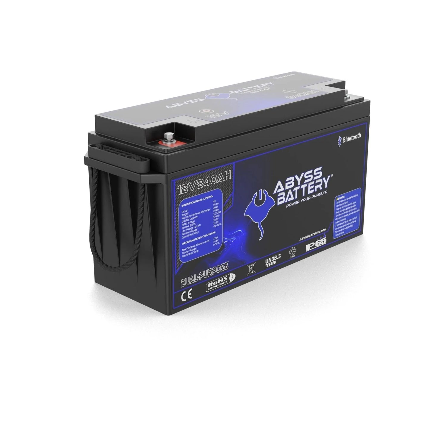 Abyss® | Dual Purpose Lithium Marine Battery | Model AB-12V240-BT | Group 49 | 12V 240Ah | 200A BMS | Bluetooth | Built-In Heating | IP65 Waterproof