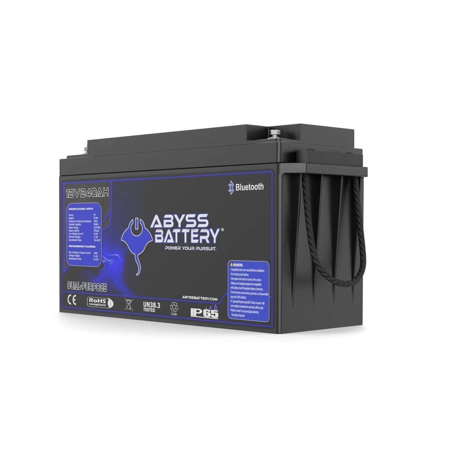 Abyss® | Dual Purpose Lithium Marine Battery | Model AB-12V240-BT | Group 49 | 12V 240Ah | 200A BMS | Bluetooth | Built-In Heating | IP65 Waterproof