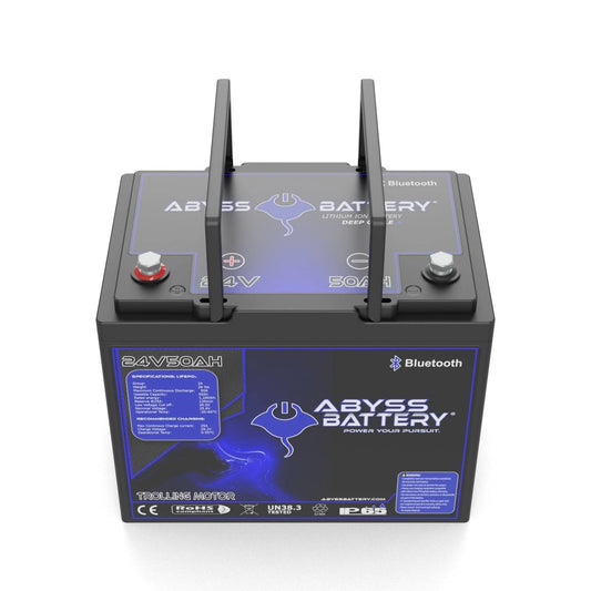 Abyss® | Lithium Trolling Motor Battery | Model AB-24V50-BT | Group 24 | Voltage 24V 50Ah | Bluetooth BMS | Built-In Heating | IP65 Waterproof