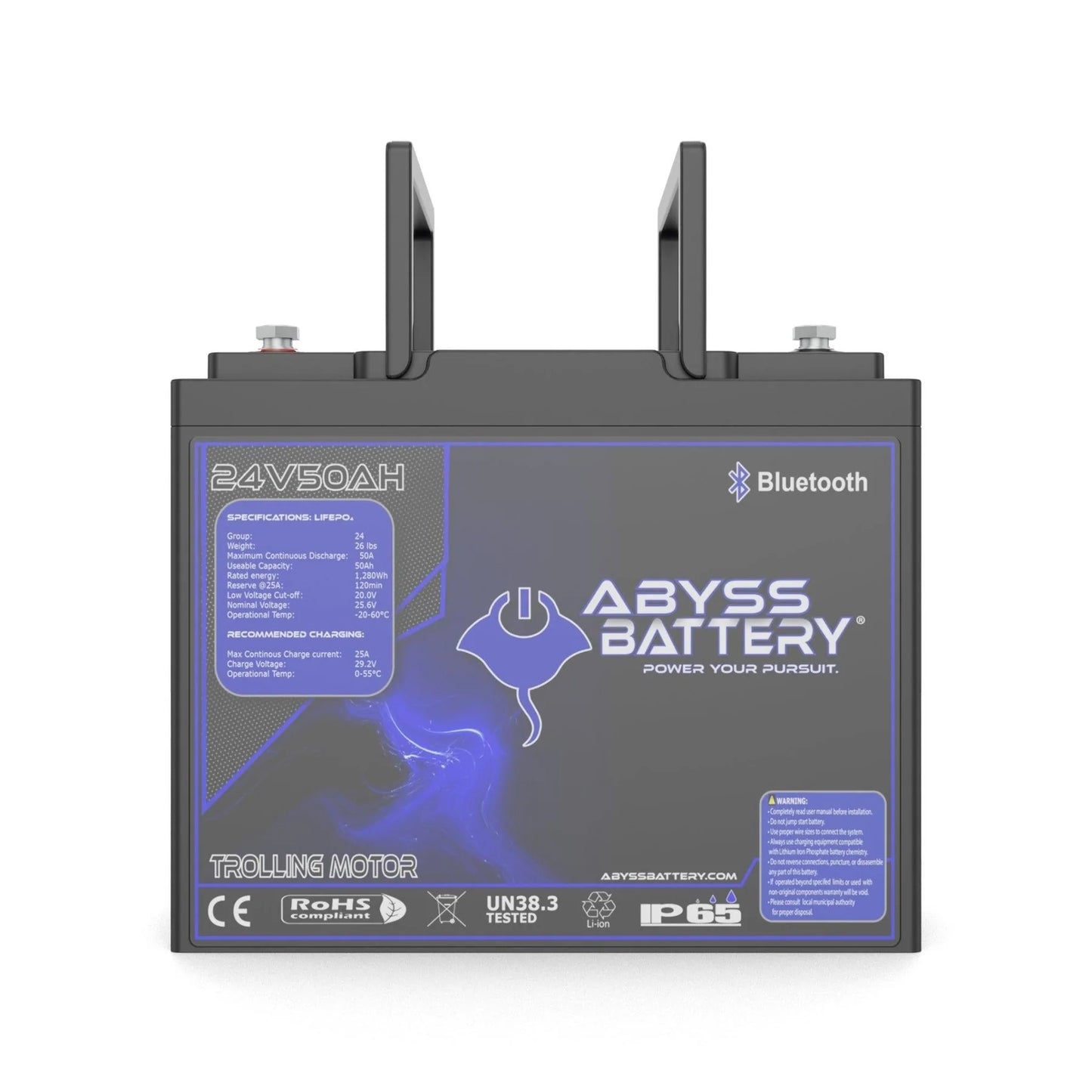 Abyss® | Lithium Trolling Motor Battery | Model AB-24V50-BT | Group 24 | Voltage 24V 50Ah | Bluetooth BMS | Built-In Heating | IP65 Waterproof