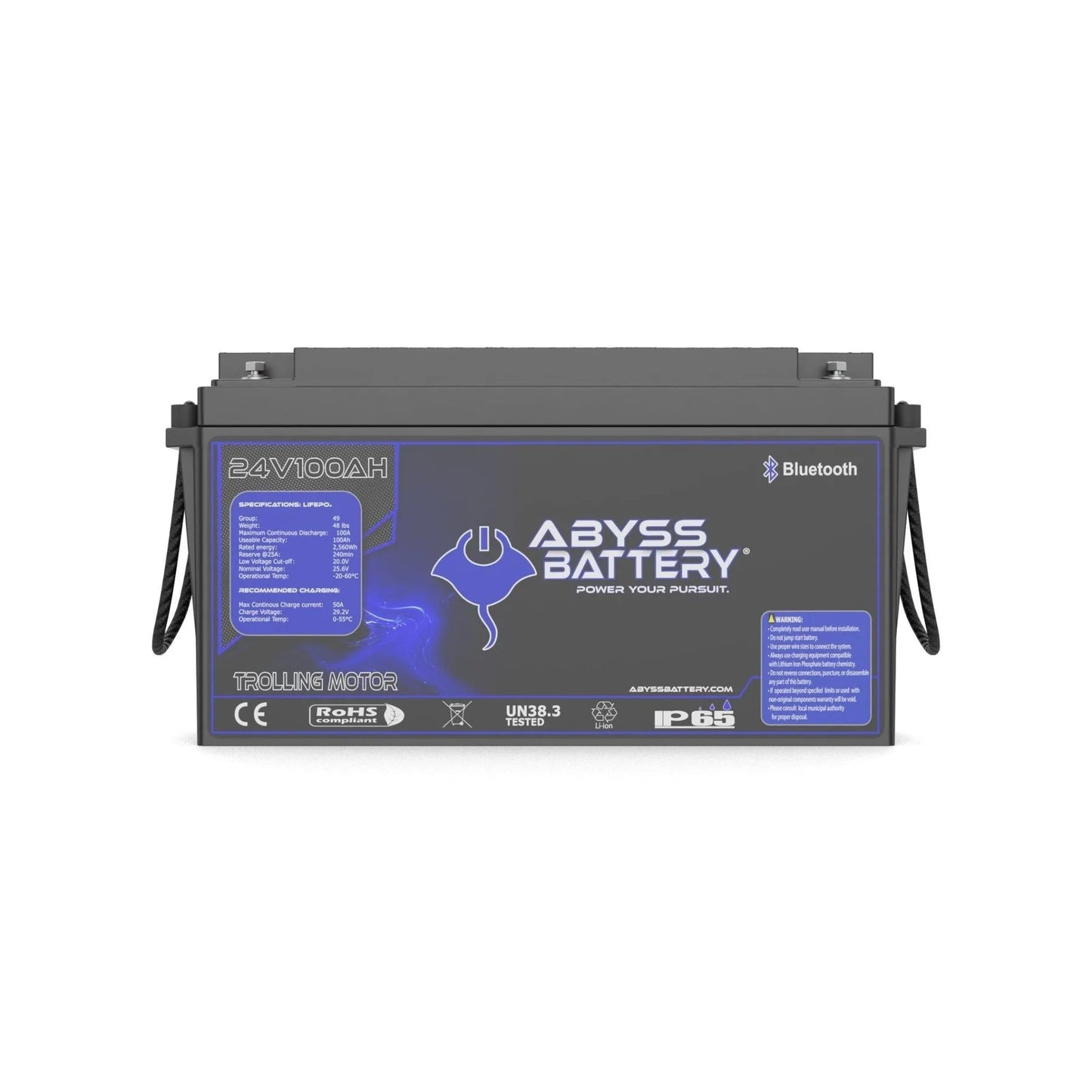 Abyss® | Lithium Trolling Motor Battery | Model AB-24V100-BT | Group 49 | Voltage 24V 100Ah | Bluetooth BMS | Built-In Heating | IP65 Waterproof