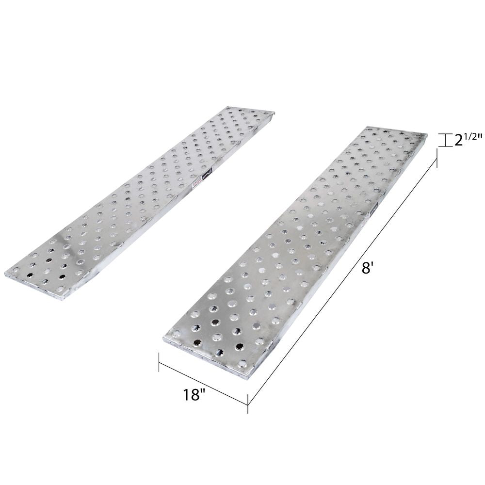 Heavy Duty Ramps EZ Traction Aluminum Car Trailer Ramps | Model 05-18-096-04-SP | Size 8' L x 18" W | 5,000 lb. Per Axle Capacity | Horsepower 23 HP | For Car Haulers & Trailers