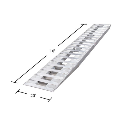 Heavy Duty Ramps Aluminum Car Trailer Ramps, Hook End, Knife Foot | Model 05-20-120-04-LP-LOW | Size 10' L x 20" W | Capacity 5,000 lb. Per Axle | Horsepower 23 HP | For Trailer