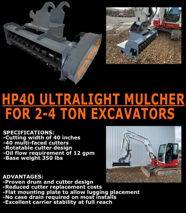 Forax Ultralight Mulcher | Model HP40 | Cutting Width 40" | Carrier 2-4-Ton | For Excavators
