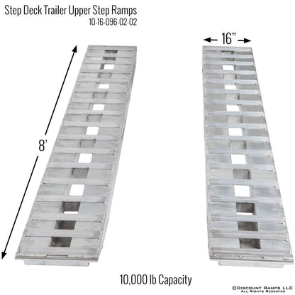 Heavy Duty Ramps Aluminum Trailer Ramps | Model 10-16-096-02-02 | Size 8' L x 16" W | 10,000 lb. Capacity per Axle | Horsepower 23 HP | For Step Deck & Utility Trailers