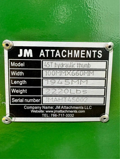 JMA Attachments Main Pin Hydraulic Thumb | Pin Size 100mm | For 33 - 55 Tons Excavators