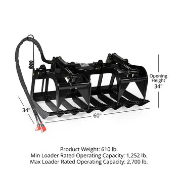 Titan Attachments Standard Root Grapple Bucket | Overall Width 60", 72" Inches | Hydraulic Flow 11-16 GPM | Horsepower 30-50 HP | For Skid Steer & Tractor