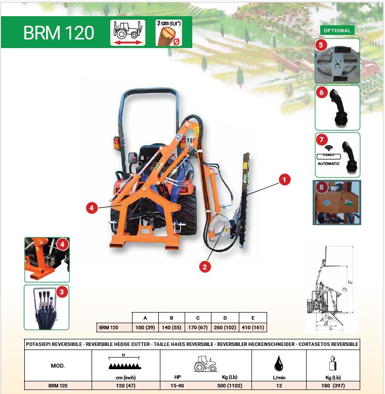 Rinieri Boom Hedge Trimmer BRM 120 | 47" Cutting Width | 15-40HP for Tractor