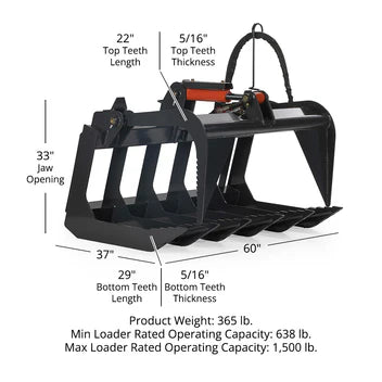 Titan Attachments Root Grapple Bucket | Grade 50 Economy | Overall Width 48" & 60" Inches | Hydraulic Flow 11-16 GPM | For Skid Steers