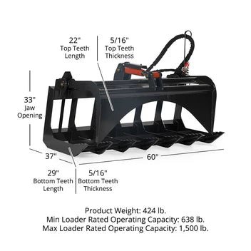 Titan Attachments Root Grapple Bucket | Grade 50 Economy | Overall Width 48" & 60" Inches | Hydraulic Flow 11-16 GPM | For Skid Steers