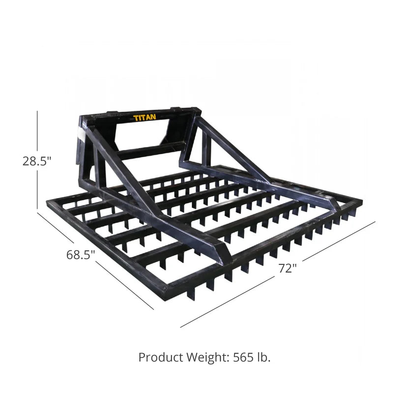Titan Attachments Terra Monster Dirt Grader & Leveler | 72″ Width | 84 Offset Steel Teeth | 565 lb | 12–25 GPM | For Skid Steers