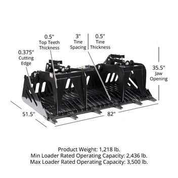 Titan Attachments Rock Grapple Rake | Fine Grade Skeleton | Overall Width 60", 72" & 82" Inches | Hydraulic Flow 11-20 GPM  | Horsepower 50-75 HP | For Skid Steer & Tractor