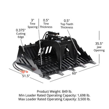 Titan Attachments Rock Grapple Rake | Fine Grade Skeleton | Overall Width 60", 72" & 82" Inches | Hydraulic Flow 11-20 GPM  | Horsepower 50-75 HP | For Skid Steer & Tractor