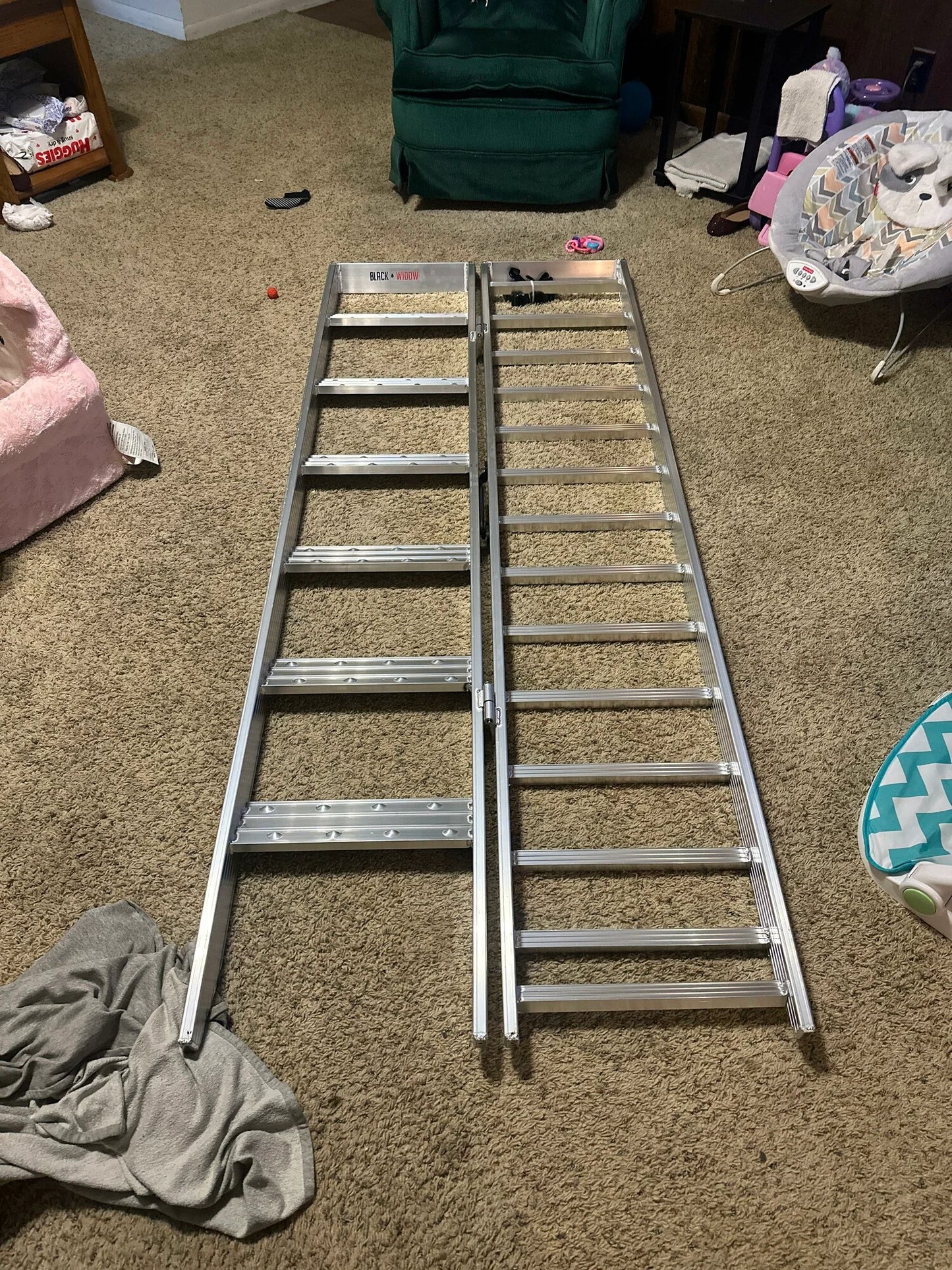 Black Widow Motorcycle Loading Ramp with Steps | Model MC-STEPRAMP-1737 | Width 6' 10.25" Bi-Fold | Ramp Capacity 750 lb. | Step Capacity 400 lb. | For Truck & Trailer