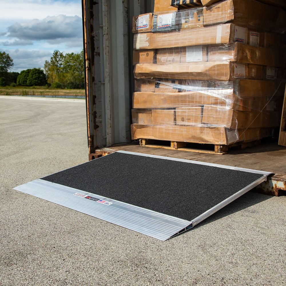 Heavy Duty Ramps Grit-Coat Aluminum Shipping Container Ramp | Model 12-63-048-06-Grit | Size 48" L x 63" W | Capacity 12,000 lb | Horsepower 23 HP | For Shipping Container Lips