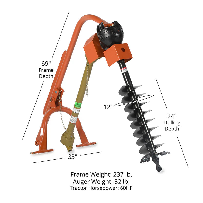 Titan Attachments 3 Point Hitch Post Hole Digger | Standard Series | 6"–12" Auger Options | 24" Dig Depth | 33" Pin-to-Pin Width | 30–60 HP | For Tractors