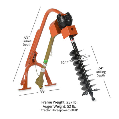 Titan Attachments 3 Point Hitch Post Hole Digger | Standard Series | 6"–12" Auger Options | 24" Dig Depth | 33" Pin-to-Pin Width | 30–60 HP | For Tractors