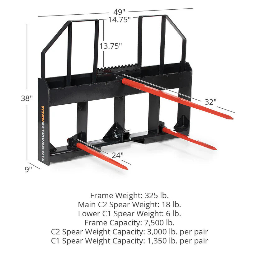 Titan Attachments Class 3 Hay Frame | 7,500 lb Rated | 32″–49″ C2 Main Spear + Dual 24″ Stabilizers | 45–100 HP  | For Tractors