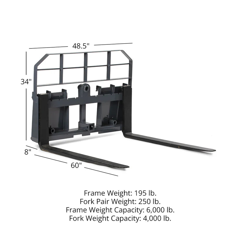 Titan Attachments Pro Series Pallet Fork | 6,000 lb Frame | 36″–60″ Class II Blades | Hay Spear Sleeves + 2″ Hitch | 10–25 GPM | For  Skid Steers