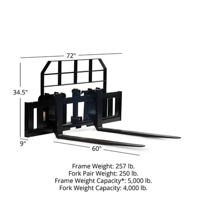 Titan Attachments Pro Series Pallet Fork Frame | Wide 72″ Design | Class II Fork Mount | 5,000 lb Center Load | Oil Flow: 12–18 GPM | For Skid Steers
