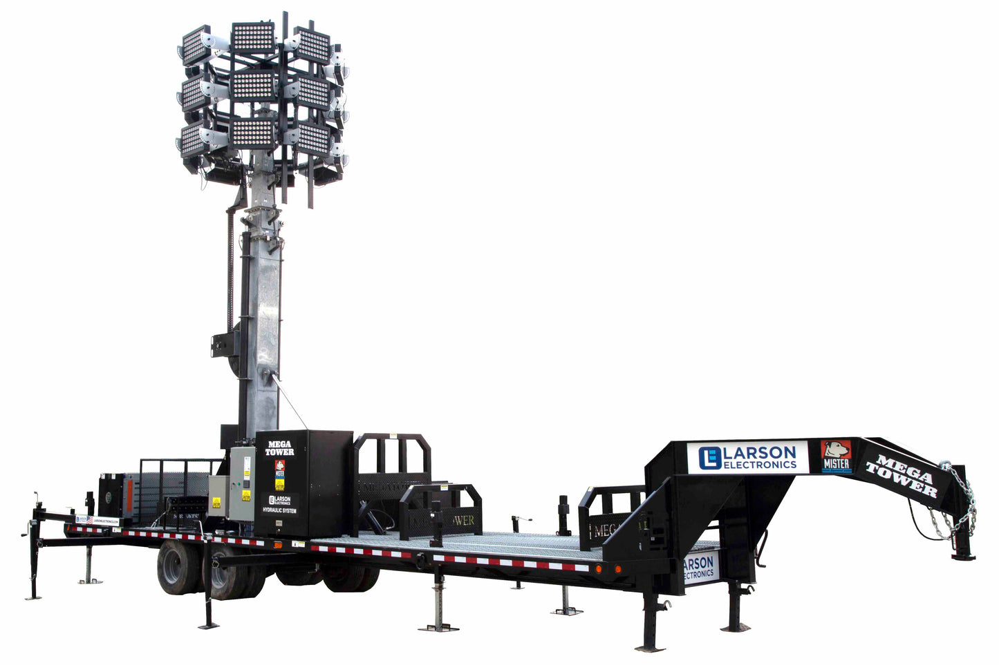 Larson Electronics 77' Hydraulic Megatower™ Light Plant - 33' Trailer - (20) 500W LED Fixtures - 20KW Genset w/ 110 Gal