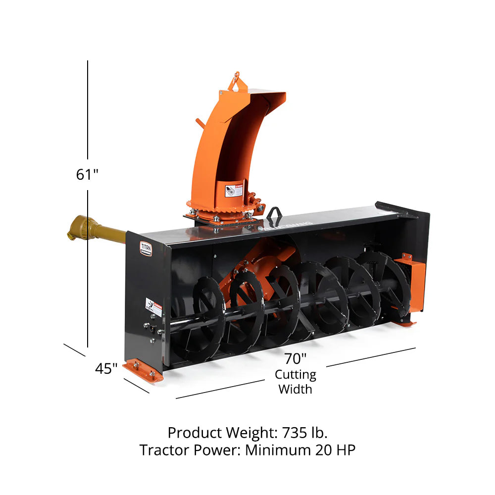 Titan Attachments 3-Point Snow Blower | 4′–6′ Cutting Width | 15.5″–17.5″ Auger | 540 RPM | Horsepower 20–75 HP | For Tractors