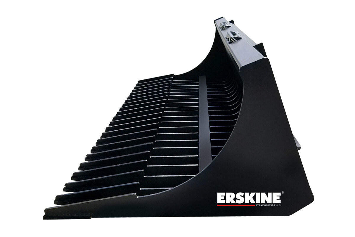 Erskine Skeleton Rock Bucket | Models 60”–84” | Grade 50 Steel | 378–740 lb | 8 To 30+ GPM | For Skid Steers & Loaders