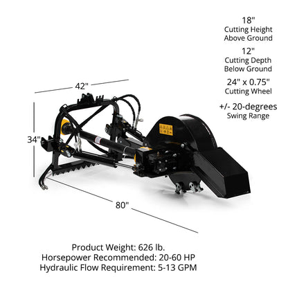 Titan Attachments Pro Series PTO Stump Grinder | 24″ Cutting Wheel | 12″ Depth | 42″ Width | Horsepower 20–60 HP | For Tractors