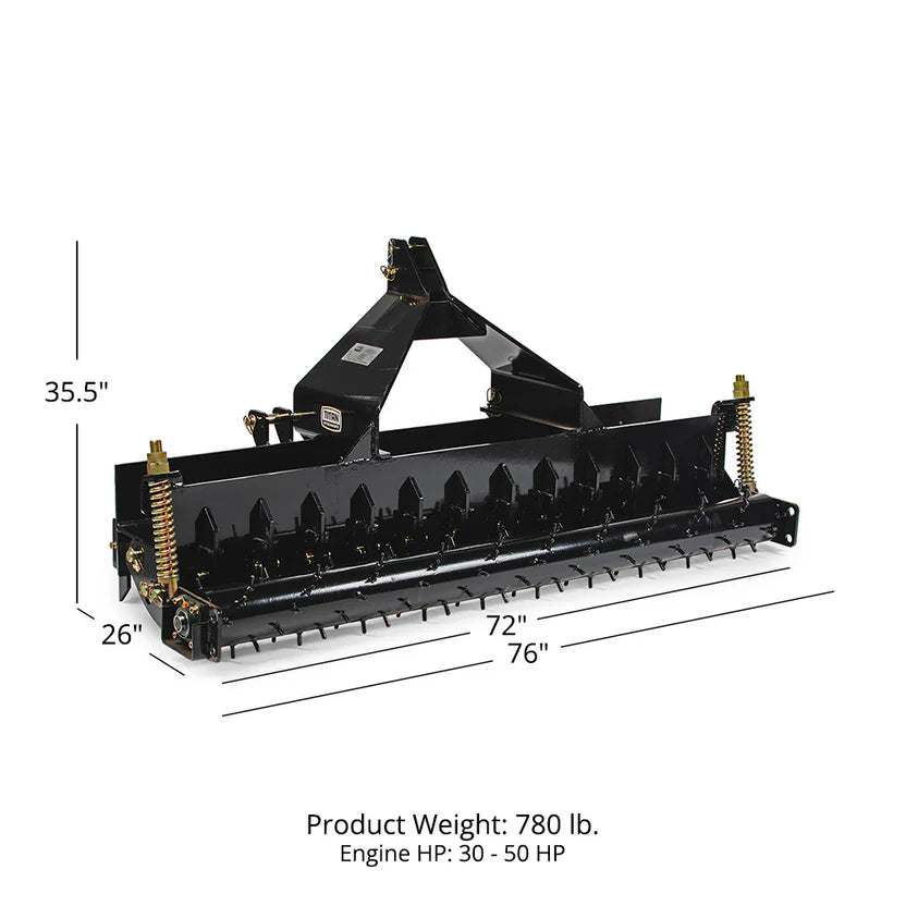 Titan Attachments Soil Pulverizer | 60"–72" Width | AR400 Scarifier Shanks | 0.25" Welded Spikes | 760–780 lbs | Horsepower 25–50 HP | For Tractors