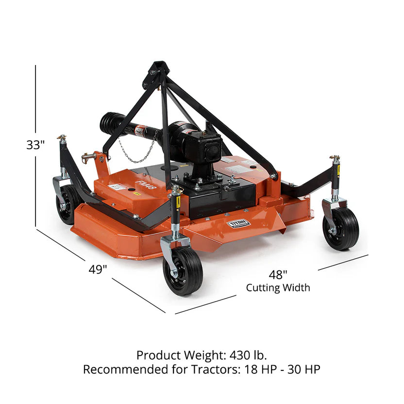 Titan Attachments Finish Mower | 3 Point Hitch | 48"–72" Cutting Width | 0.4"–3.2" Height | 430–519 lbs | 18–50 HP | For Tractors
