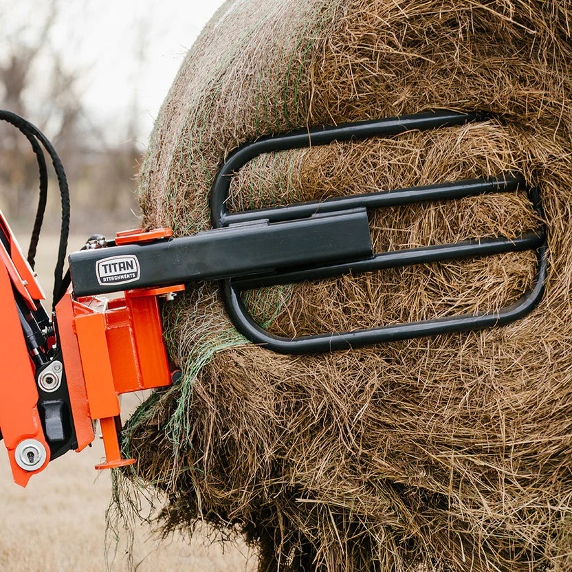 Titan Attachments Round Hay Bale Gripper | Width 52.75″ | 30–77″ Clamp Range | 2,200 lb Lift | 10–20 GPM | For Skid Steer
