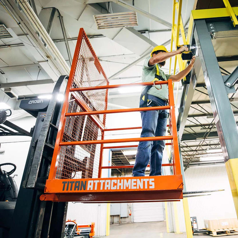 Titan Attachments Safety Cage | Forklift Platform | 45" x 43" Interior | 1,200 lb Capacity | 247 lbs | Standard Forks | 2–3 tons (4,000–6,000 lbs) | For Telehandler
