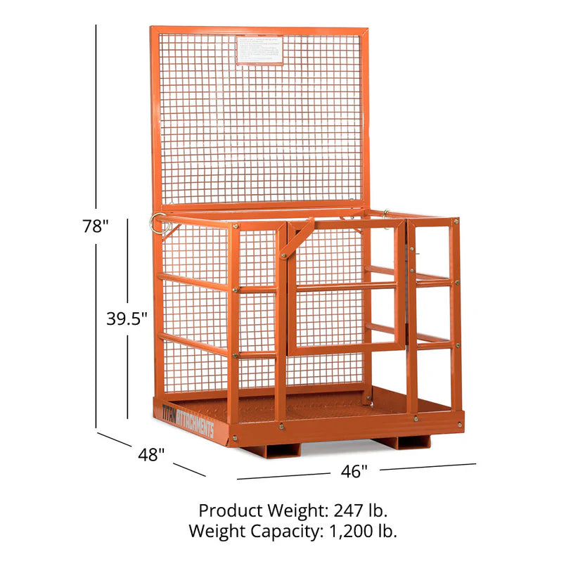 Titan Attachments Safety Cage | Forklift Platform | 45" x 43" Interior | 1,200 lb Capacity | 247 lbs | Standard Forks | 2–3 tons (4,000–6,000 lbs) | For Telehandler