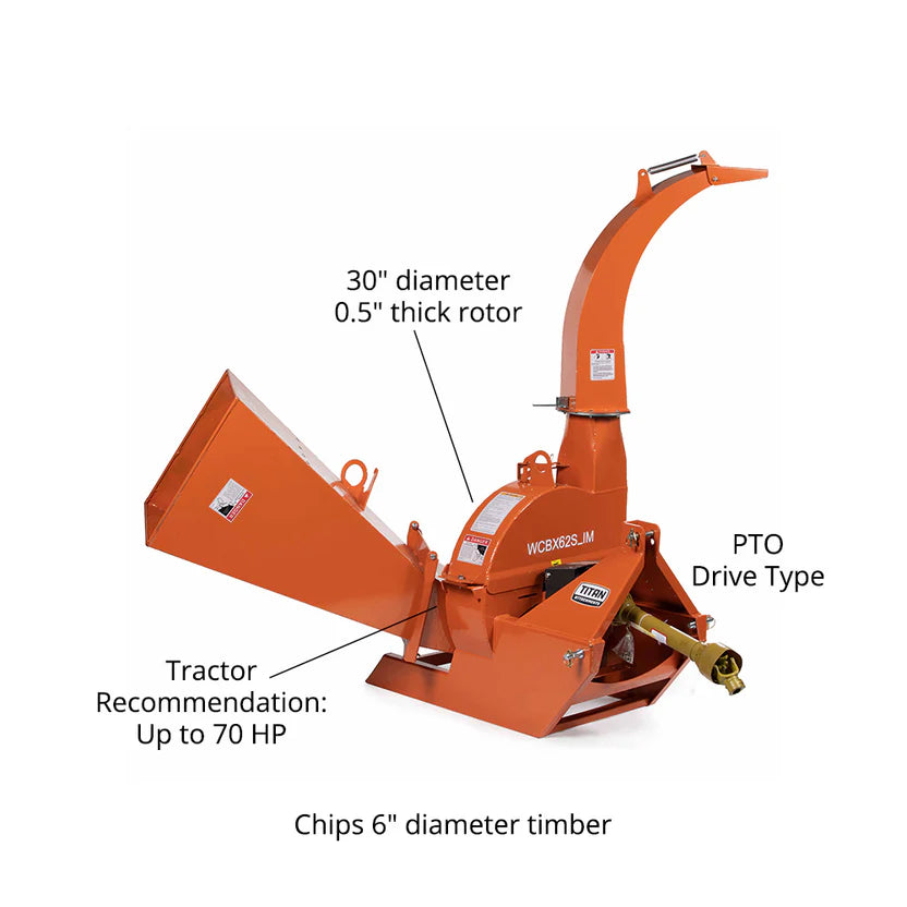 Titan Attachments Wood Chipper | 25"–30" Rotor | 4"–6" Chipping Capacity | 391–721 lbs | Self-Feeding Chute | 20–70 HP | For Tractors