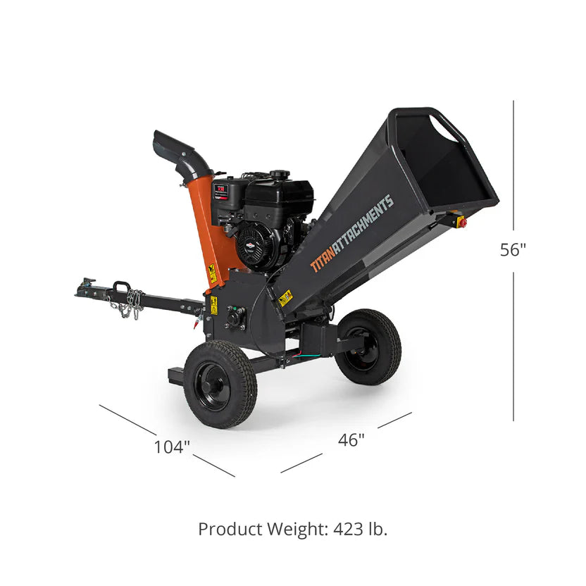 Titan Attachments Wood Chipper | 5" Chipping Capacity | 46" Width | For 2" Ball Hitch | 13.5 HP | For ATV Tow-Behind