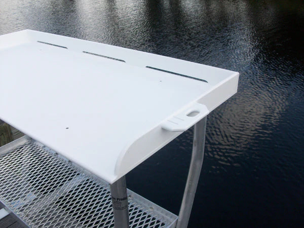 RIO MARINE CUSTOMS | Fish Cleaning Table | Dock Mount with Shelf | Model FCS40-4 | 40" W x 23" D | Starboard Surface | Universal Waterfront Dock