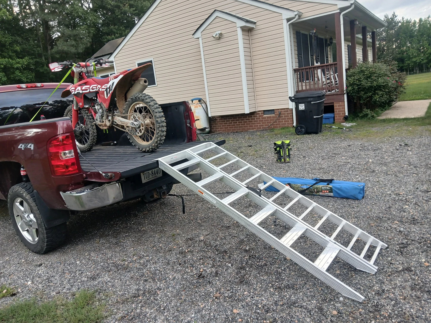 Black Widow Motorcycle Loading Ramp with Steps | Model MC-STEPRAMP-1737 | Width 6' 10.25" Bi-Fold | Ramp Capacity 750 lb. | Step Capacity 400 lb. | For Truck & Trailer