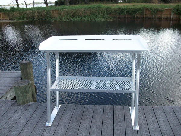RIO MARINE CUSTOMS | Fish Cleaning Table | Dock Mount with Shelf | Model FCS40-4 | 40" W x 23" D | Starboard Surface | Universal Waterfront Dock