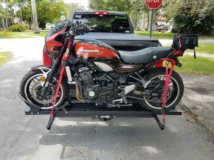 Black Widow Heavy Duty Motorcycle Carrier | Model MCC-600 | Track Size 79" x 7.75" | Capacity 600 lb | For Class III & IV Hitches