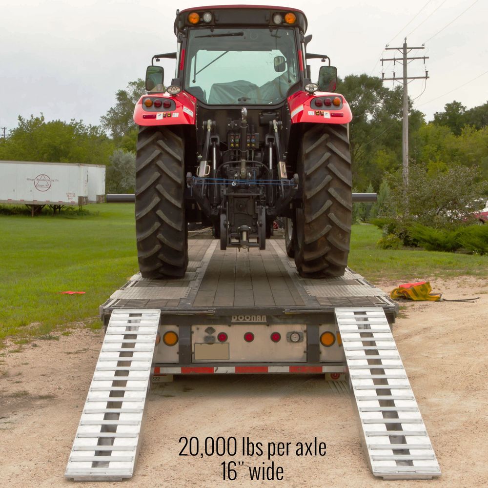 Heavy Duty Ramps Aluminum Ramps | Model 20-16-096-02-02-LL | Size 8' L x 16" W | 20,000 lb. Capacity | Double Pin-On Ends | Horsepower 23 HP | For Step Deck Trailers