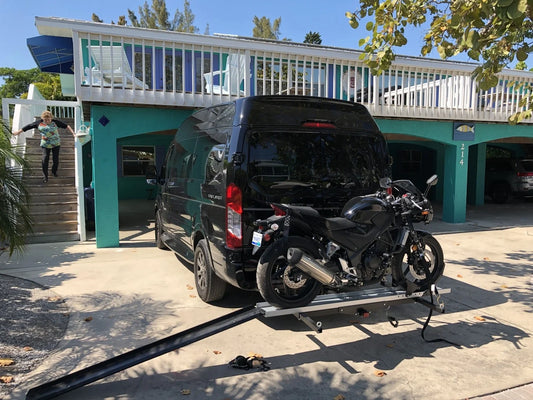 Black Widow Heavy Duty Motorcycle Carrier | Model SMC-600R | Size 78.75" L x 8" W | Capacity 600 lb | Class III/IV 2" Hitch | Horsepower 4 To 90+ HP | For Trucks, SUVs, & Vans