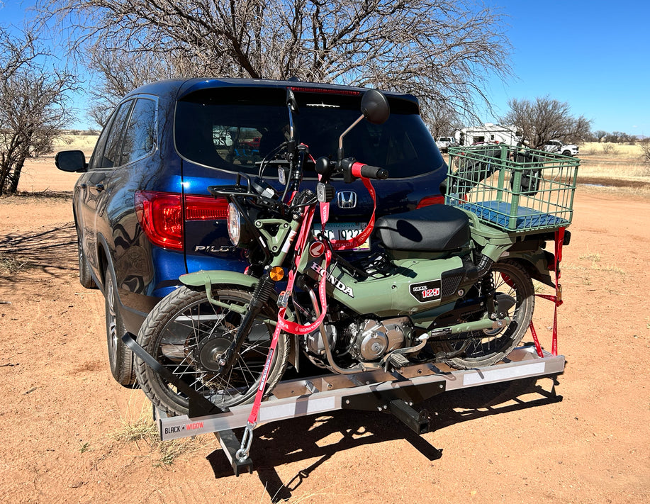 Black Widow Dirt Bike Carrier w/Chock | Model AMC-400-DLX | Track Size 75" | Capacity 400 lb | For Class III & IV 2" Hitch Motorcycles