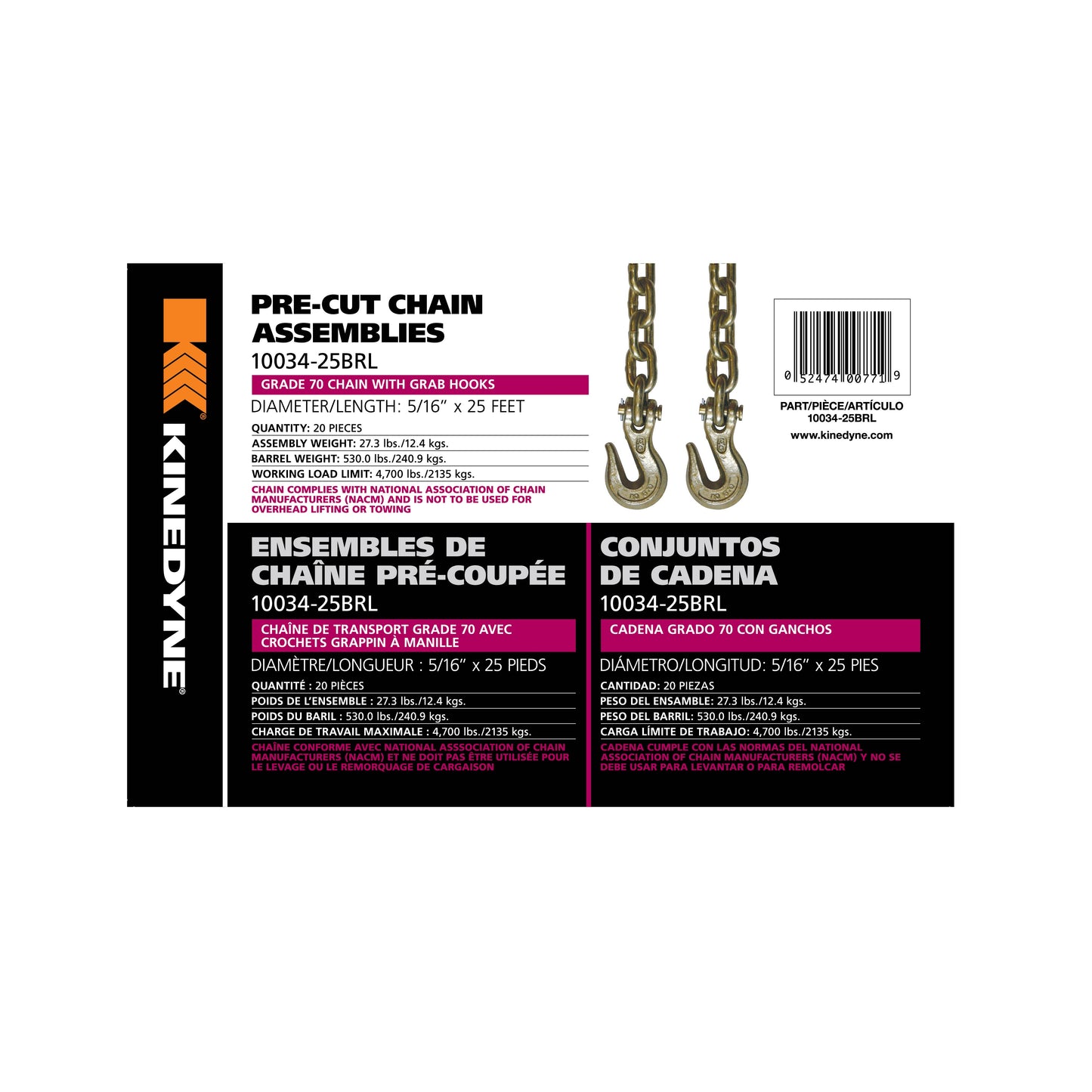 Kinedyne Grade 70 Grab Hook Chain Assembly | Width 5/16" | Length 25' | Working Load Limit 2,135 Kg | 20 Units Per Barrel | For Cargo & Industrial Tie-Down Applications