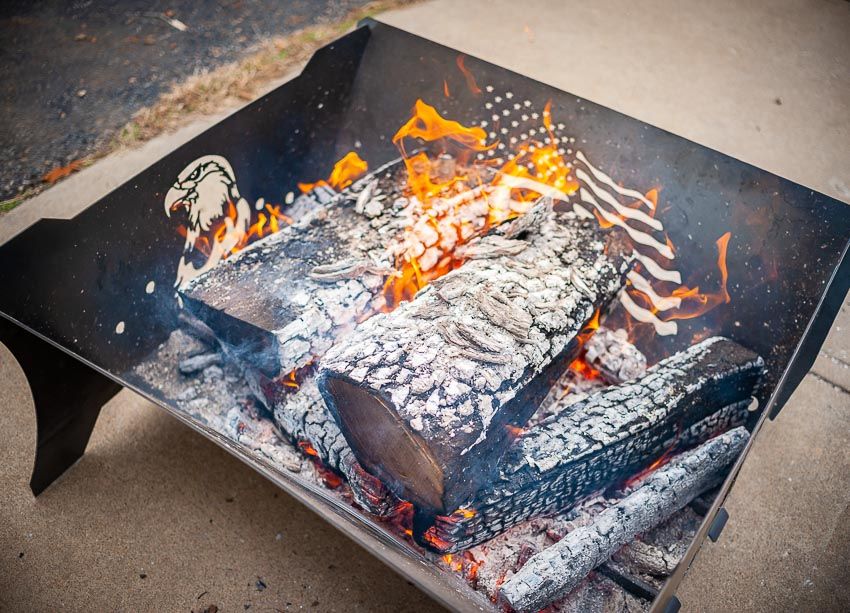 Swisher Eagle & Flag Fire Pit and Firewood Utility Cart | Fire Pit 32" L x 30" W x 15" H | Firewood Cart 24" W x 26" L x 39" H | Heavy Duty Steel | 200 lb Capacity